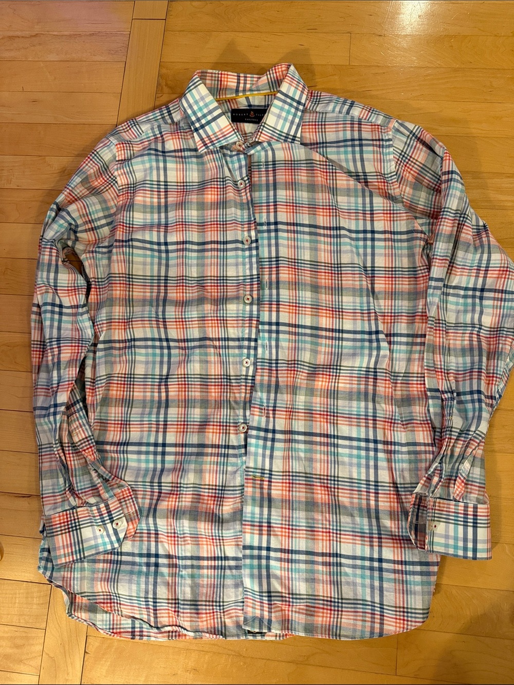 Robert Talbott Plaid Button-Up Shirt in Coral, Teal & White